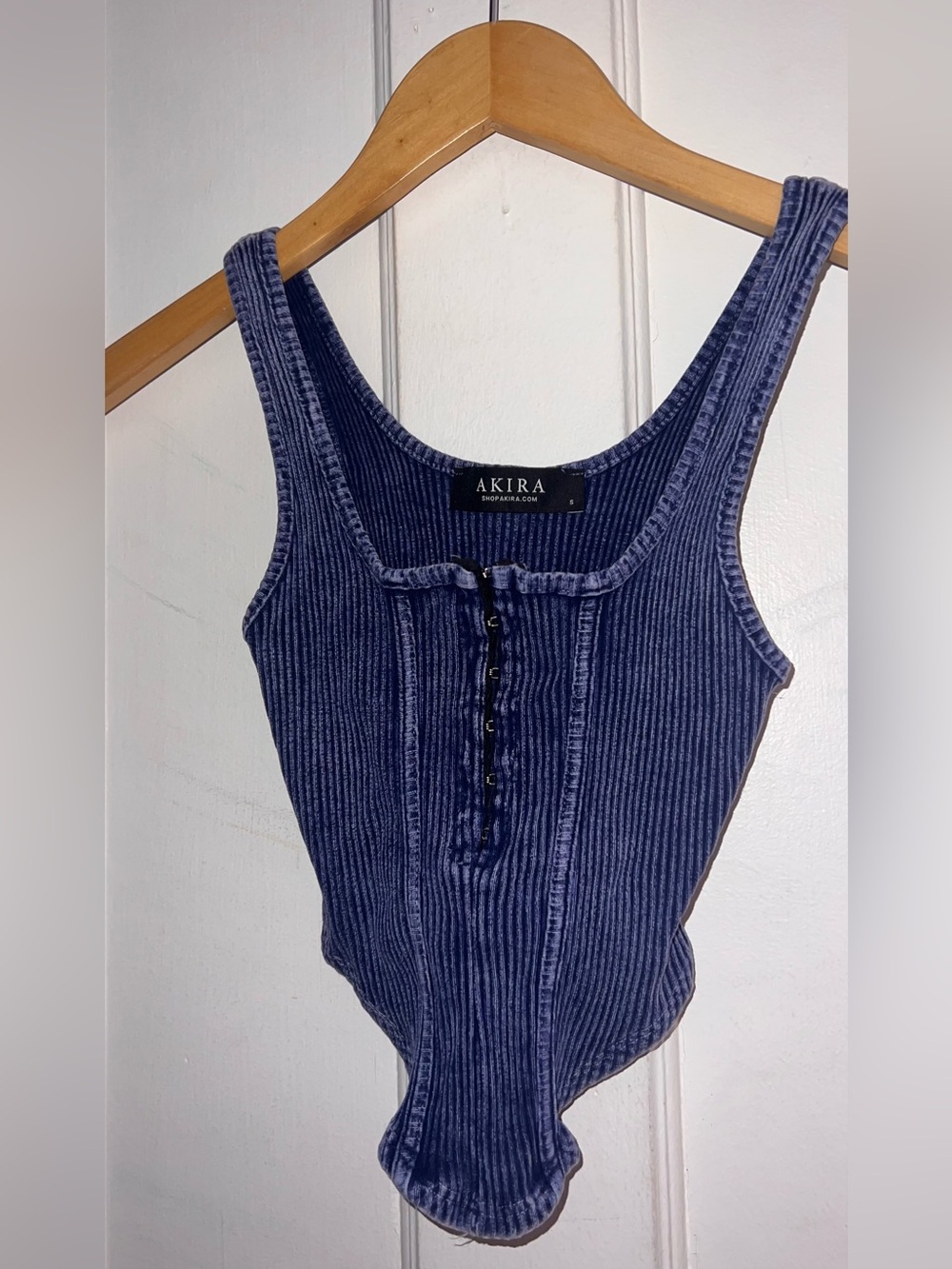 AKIRA Navy Ribbed Scoop-Button Bodysuit
